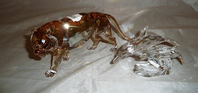 Lot 156 - Swarovski crystal model of two dolphins, signed, marked with swan SCS 90 Mst; 'Endangered...