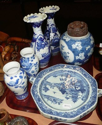 Lot 158 - A tray of 19th century blue and white ceramics, ginger jar, two pairs of vases etc