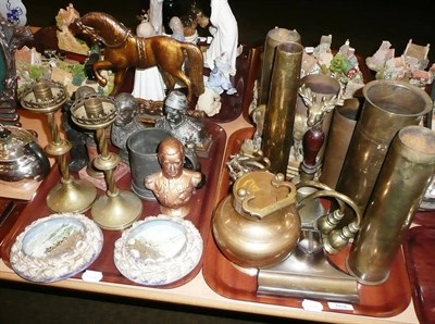 Lot 164 - Two trays of metalware and collector's items including ecclesiastical candlesticks, etc