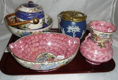 Lot 169 - Four pieces of Maling pottery and a Wedgwood biscuit barrel