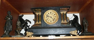 Lot 193 - A mixed lot of spelter and bronze figures, black slate charger, mantel clock, etc