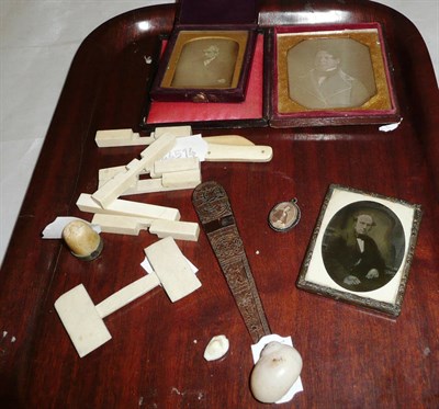 Lot 199 - Three daguerreotype photos, a 19th century ivory penknife, a small pendant, a thimble, a part ivory