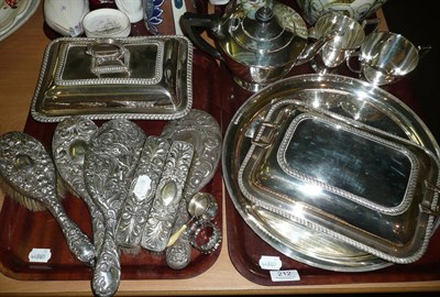 Lot 212 - A collection of silver backed dressing table items, silver plated tea service, silver plated...