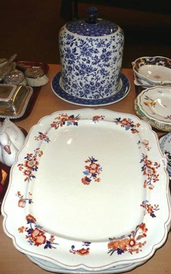 Lot 213 - A Victorian blue and white stilton stand and cover, a meat dish with Imari decoration and another