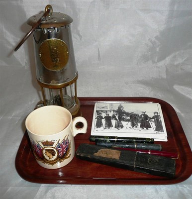 Lot 216 - A miners lamp, three fountain pens, a commemorative mug etc