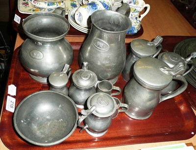 Lot 218 - Tray of assorted pewter tankards and measures etc