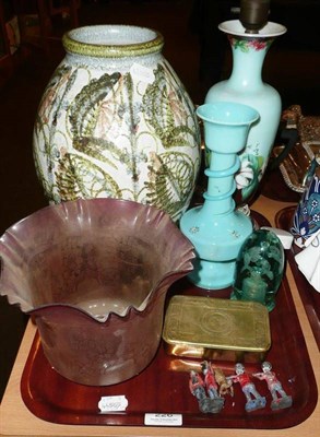 Lot 226 - A Denby stoneware vase, a  cranberry glass oil lamp shade, glass vase, Victorian painted lamp base