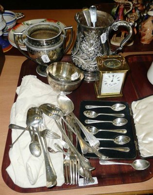 Lot 234 - White metal bowl, cup, tankard, small quantity plated flatware, cased teaspoons, desert knives,...