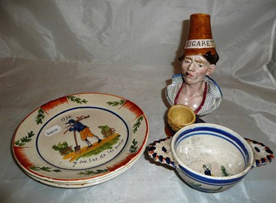 Lot 235 - Three Quimper plates, a ceramic figure 'Sigarette' and a bowl