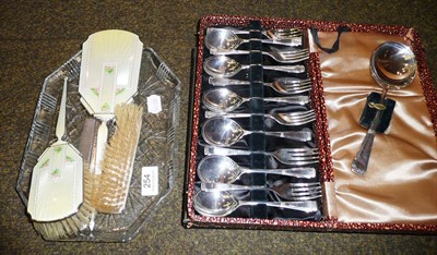 Lot 254 - Two cases of plated cutlery and silver and enamel dressing table pieces