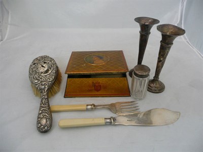 Lot 283 - Silver spill vases, brush set, cased cutlery sets and a tin containing coins and badges, etc