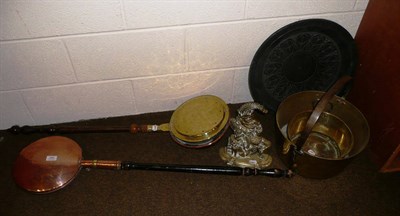 Lot 286 - Two copper and brass warming pans, two jam pans and a brass doorstop modelled as 'Mr Punch'