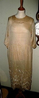 Lot 302 - 1922 cream silk and lace mounted drop waist wedding dress