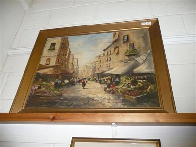 Lot 350 - Gilt framed oil on board of a Continental street scene