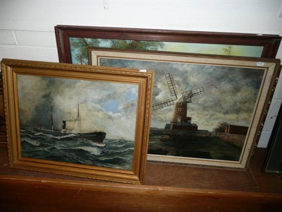 Lot 364 - J Johnson, oil on board, study of a boat dated 1907, an oil on board of a windmill and two...