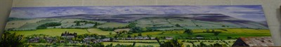 Lot 381 - Panoramic landscape of Middleham' oil on canvas by Moira Metcalfe (of Hawes), signed