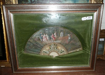 Lot 385 - A painted fan mounted in a glazed frame, an oil on canvas study of a religious scene, a mirror...