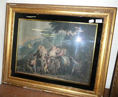 Lot 386 - Gilt framed coloured engraving 'The Woodman's Cottage', two French engravings of children...