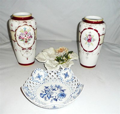 Lot 1 - A pair of Noritake vases, modern Meissen pierced dish and a Continental leaf dish