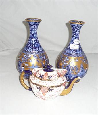 Lot 3 - Pair of Fenton blue and gilt vases and a Royal Crown Derby teapot (restored)