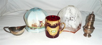 Lot 4 - Silver sugar caster, silver cream jug, Murano glass mug, Vaseline glass shade and painted glass...