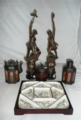 Lot 5 - Pair of spelter figures, metal-mounted Chinese barrel and cover, metal-mounted tea caddy and...