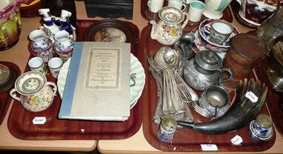 Lot 14 - Oak framed pot lid, spice tower, famille rose teacup, Staffordshire figure group, Imari plates,...