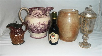 Lot 45 - Two jugs, a Bohemian jar and cover, bottle of wine and a covered jug