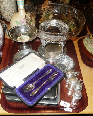 Lot 46 - A four piece silver cruet set, two cased sets of silver teaspoons, other silver items and a...