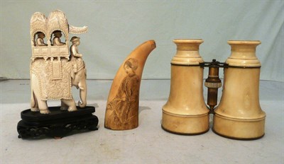 Lot 63 - Pair of ivory binoculars, carved ivory group and a tusk