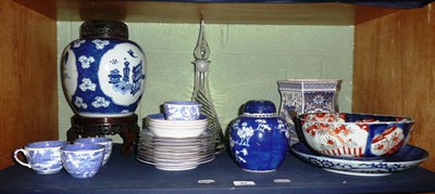 Lot 67 - Dartington cut glass decanter and stopper, Copelands blue and white china, Imari bowl, blue and...