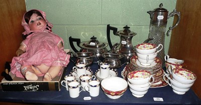 Lot 69 - A porcelain headed doll, a plated tea service, a claret jug and assorted teawares