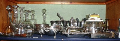 Lot 72 - A shelf including a pair of Old Sheffield Plate wine coasters, plated items, decanters and...