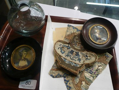 Lot 80 - Two oval framed miniatures, signed glass vase, Chinese embroideries, Chinese watercolour, etc