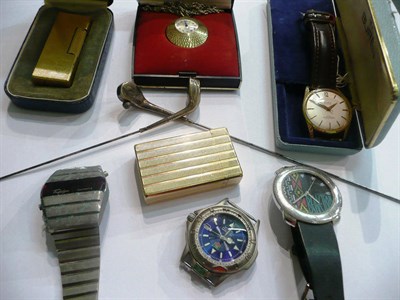 Lot 83 - Gold plated Dupont lighter, gold plated Dunhill lighter and two golf club hatpins, watches, etc
