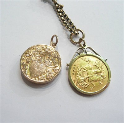 Lot 91 - A 1909 half sovereign loose-mounted pendant on chain and a locket