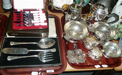 Lot 104 - Assorted cased plated flatwares, teawares, chamber stick, etc (on two trays)