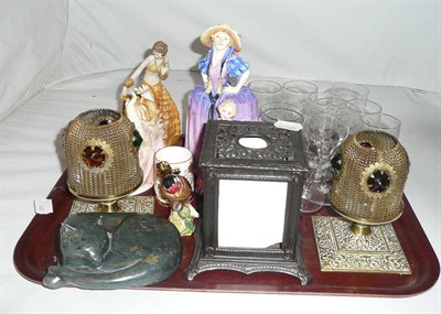 Lot 105 - Tray of Doulton and continental figures, pair of fairy lights with brass bases, a tea light...