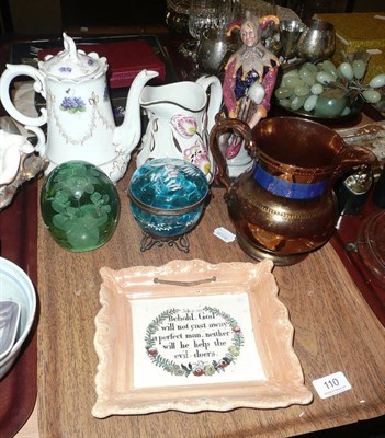 Lot 110 - Tray including copper lustre jug, lustre plaque, green glass dump, Royal Doulton figure The Jester