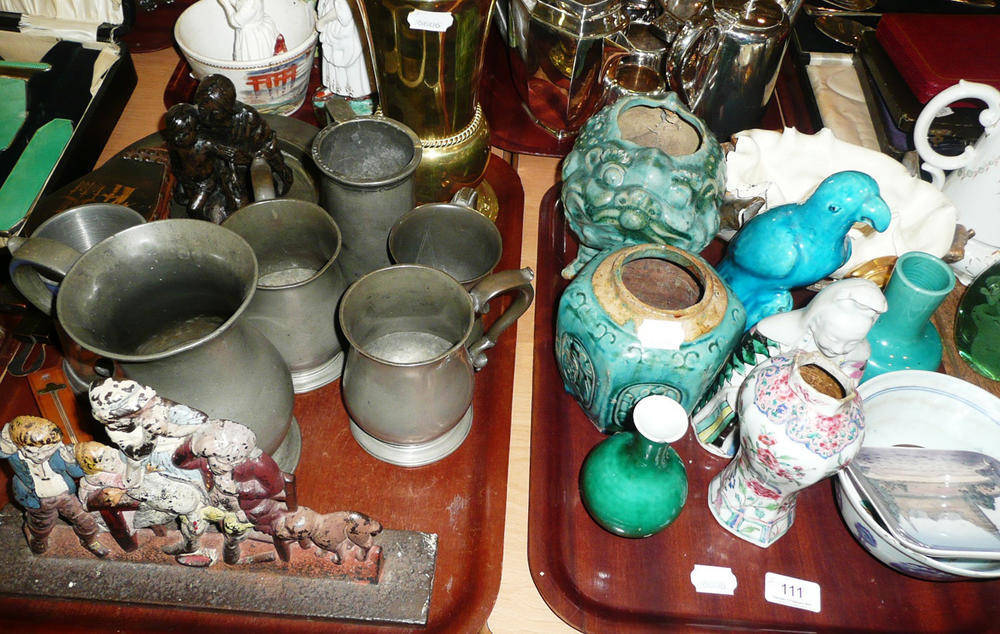 Lot 111 - Oriental ceramics, brass engraved vase, pewter tankards, plate, D Lyon thermometer, Copenhagen...