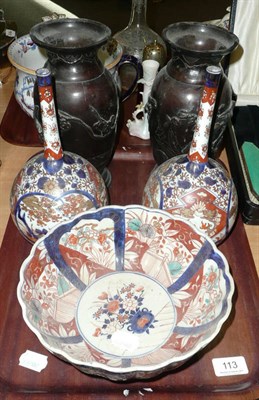 Lot 113 - Pair of Japanese bronze vases, pair of Imari bottle vases and an Imari bowl