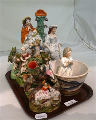 Lot 117 - Assorted 19th century Staffordshire and pearlware figures, and a pottery bowl transfer printed with