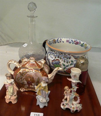 Lot 118 - Masons chamber pot, etched glass decanter, pair of German figures, candlestick and a cranberry...