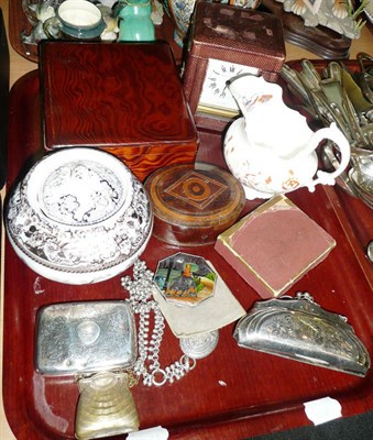 Lot 127 - A silver purse, silver cigarette case, oval inlaid wooden box, carriage clock, playing cards, etc