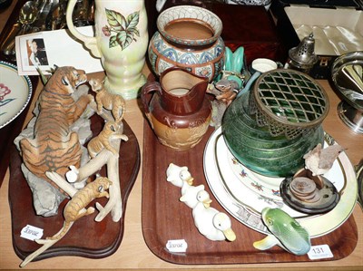 Lot 131 - Tray of assorted decorative ceramics including Doulton plate, Maling jug, Beswick figures,...