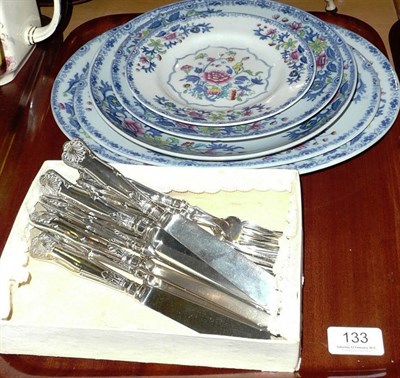 Lot 133 - Five Spode plates and six plated fish knives and forks