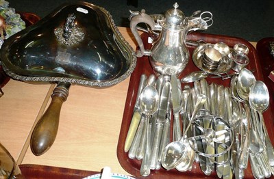 Lot 135 - Sheffield plate shaped serving dish and cover, plated flatware, silver-handled flatware, etc