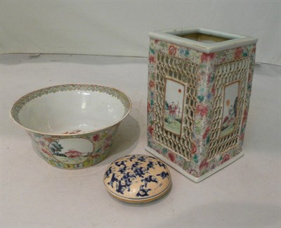 Lot 139 - Chinese famille rose reticulated square vase, a bowl and a blue and white box