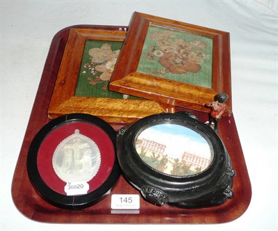 Lot 145 - Pair of Victorian small dioramas of Hampton Court, a framed mother-of-pearl plaque, a Lineol...