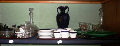 Lot 149 - Quantity of ceramics and glassware, inkwell and ebony part dressing set on a shelf